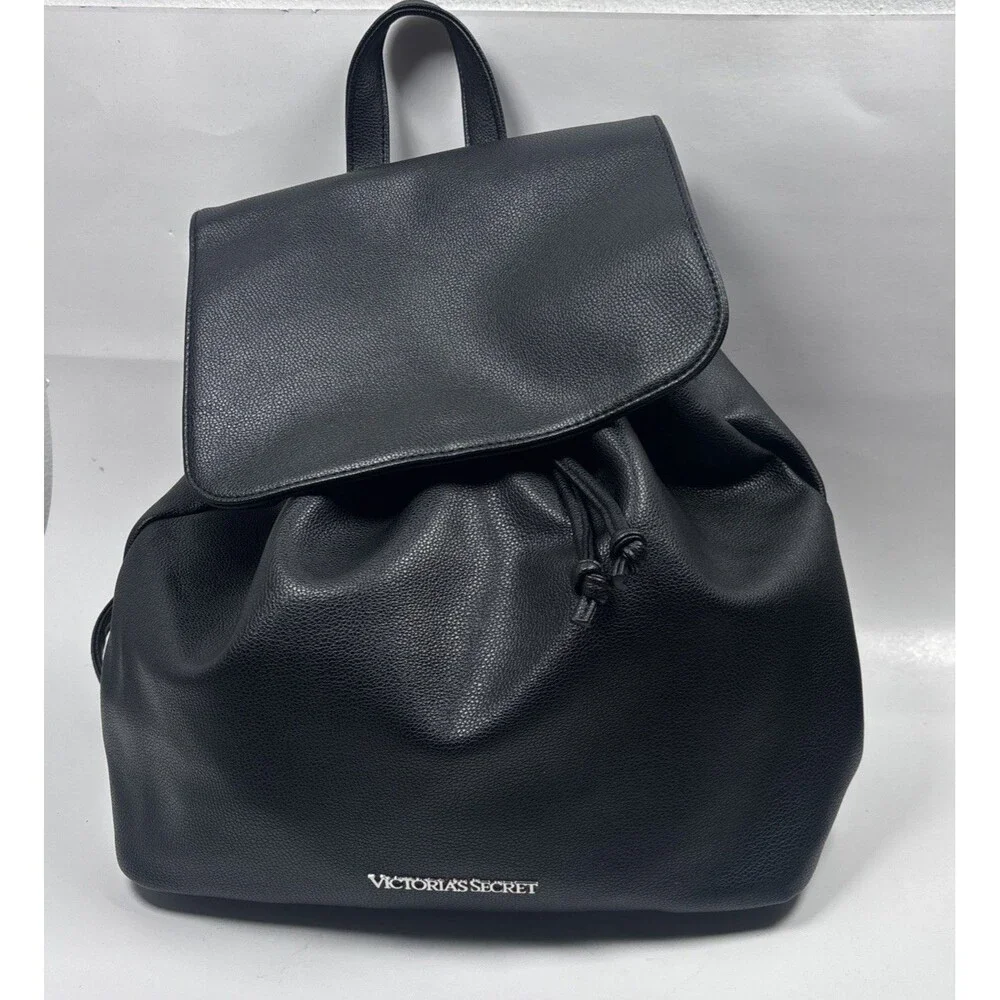 Victoria's Secret Backpack Purse Tote Black Faux Leather Drawstring 14
